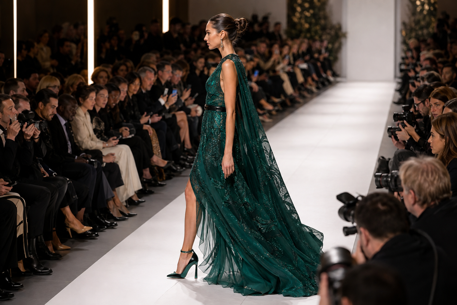 A model in an emerald-green couture gown walking a fashion runway lined with seated guests and photographers