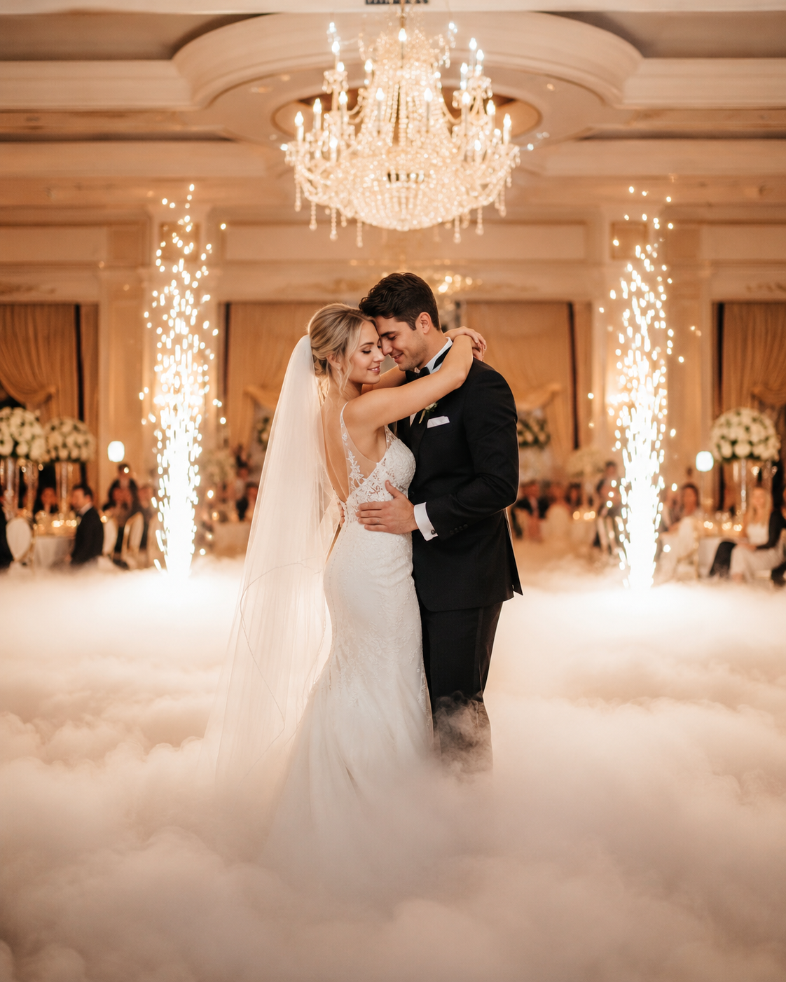 Bride and groom sharing their first dance above soft clouds between elegant spark fountains